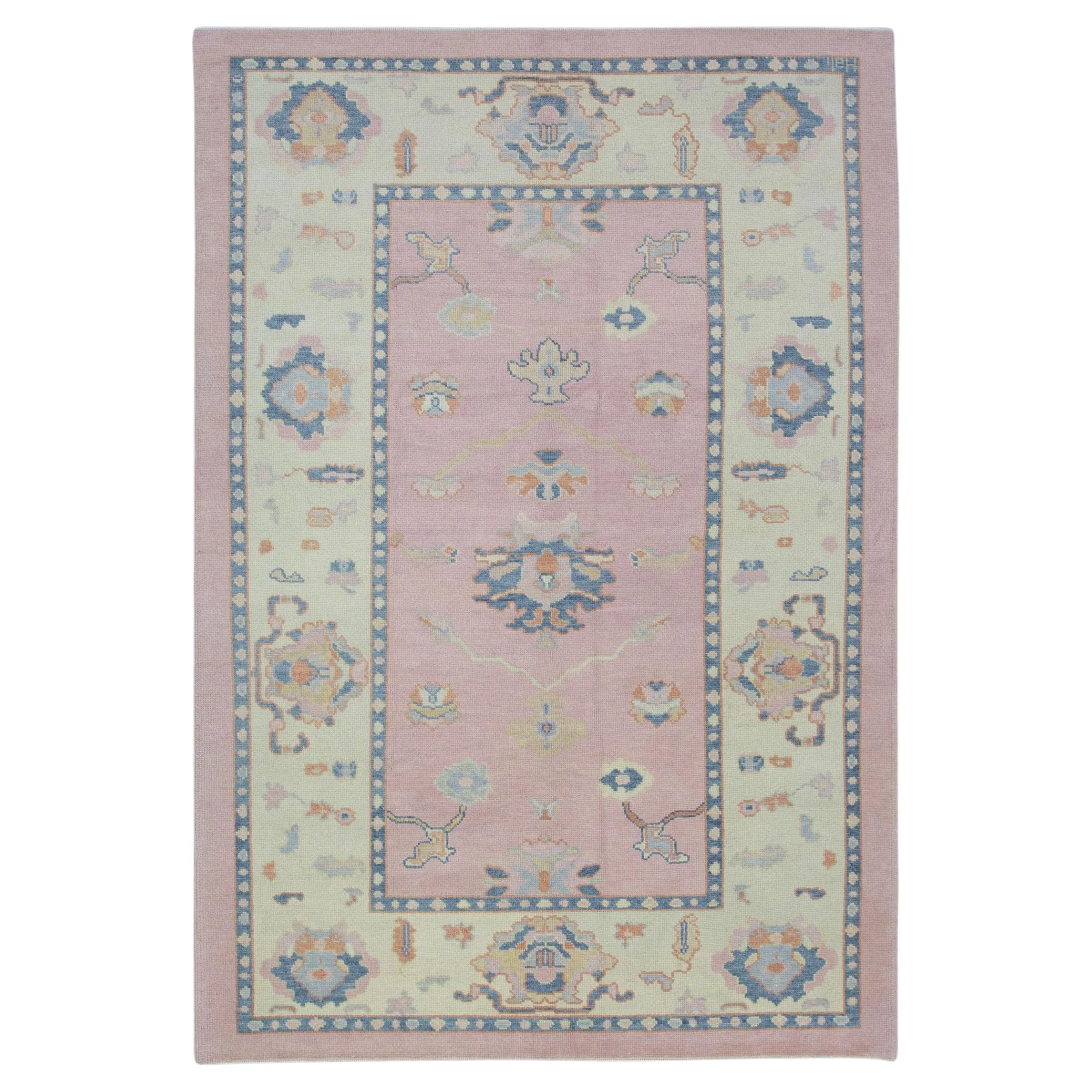 Pink and Blue Floral Design Handwoven Wool Modern Turkish Oushak Rug 6'4" x 9'2" For Sale