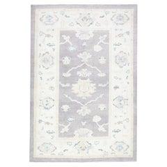 Purple and Blue Floral Design Handwoven Wool Turkish Oushak Rug 6'2" x 9'