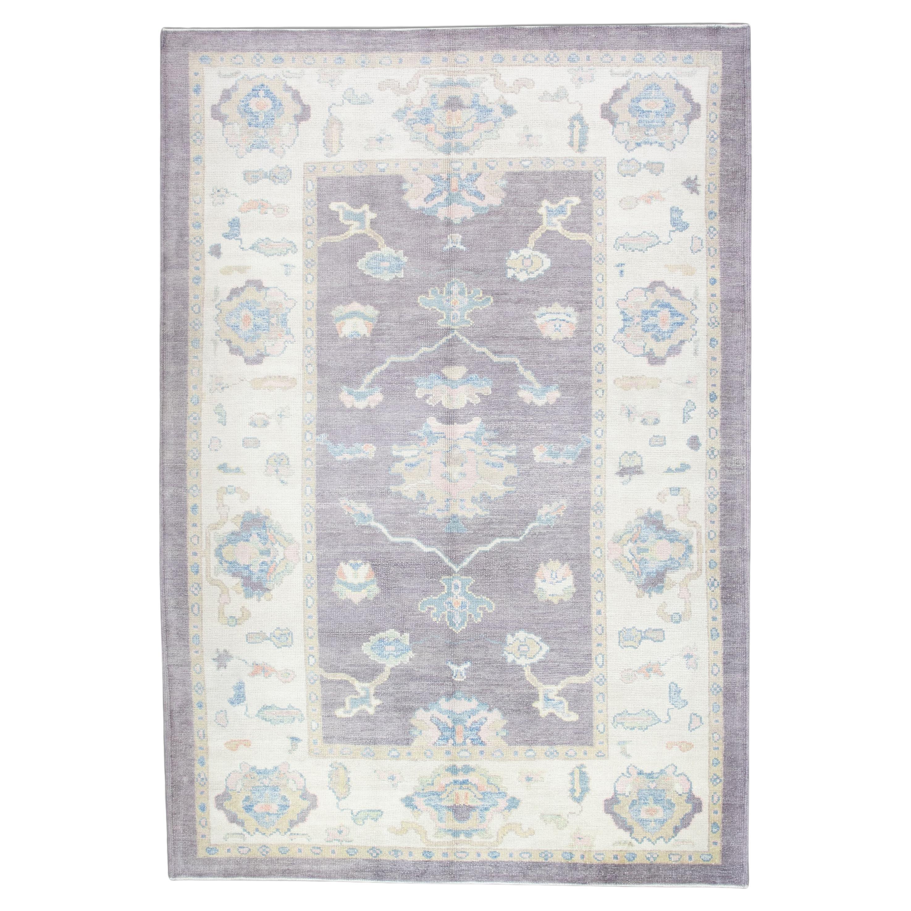 Purple Handwoven Wool Turkish Oushak Rug in Blue Floral Design 6'3" x 9'2"