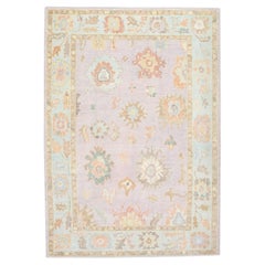 Pink and Blue Floral Design Handwoven Wool Turkish Oushak Rug 6'2" x 8'10"