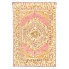 Pink & Yellow Medallion Design Handwoven Wool Turkish Oushak Rug 6' x 9'