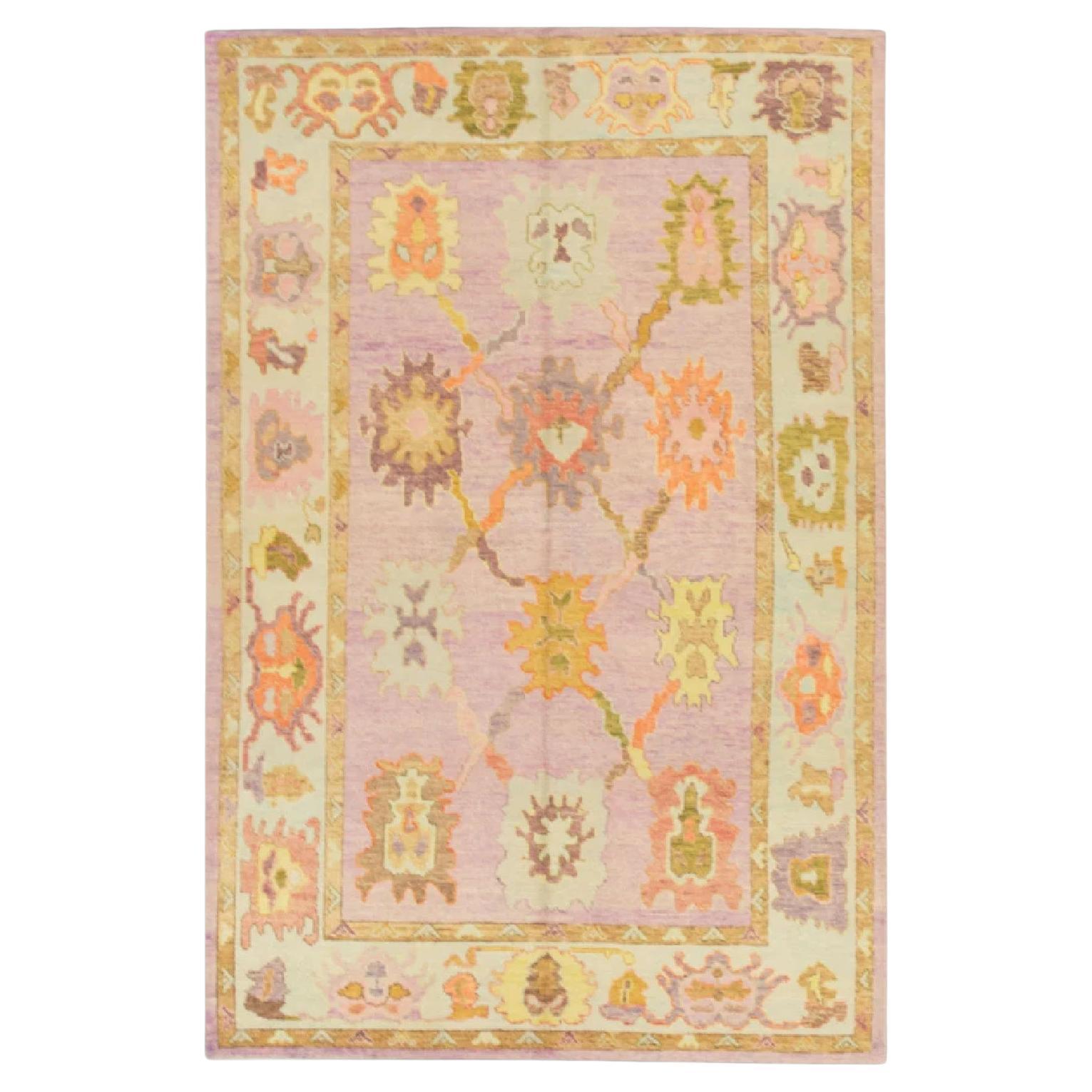 Pink Floral Handwoven Wool Turkish Oushak Rug 5'11" x 9'3" For Sale