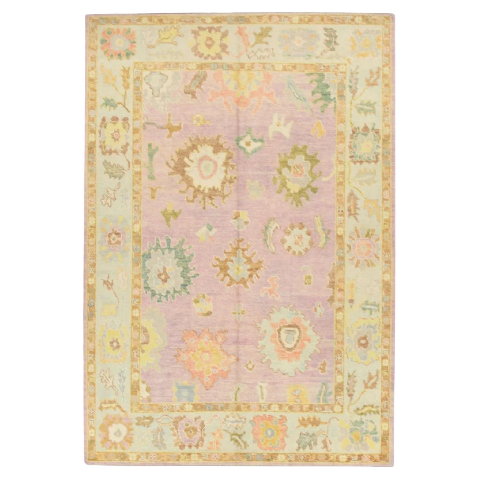 Pink Floral Handwoven Wool Turkish Oushak Rug 6'3" x 9' For Sale