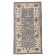 Blue and Pink Floral Design Handwoven Wool Turkish Oushak Rug 4'1" x 7'7"