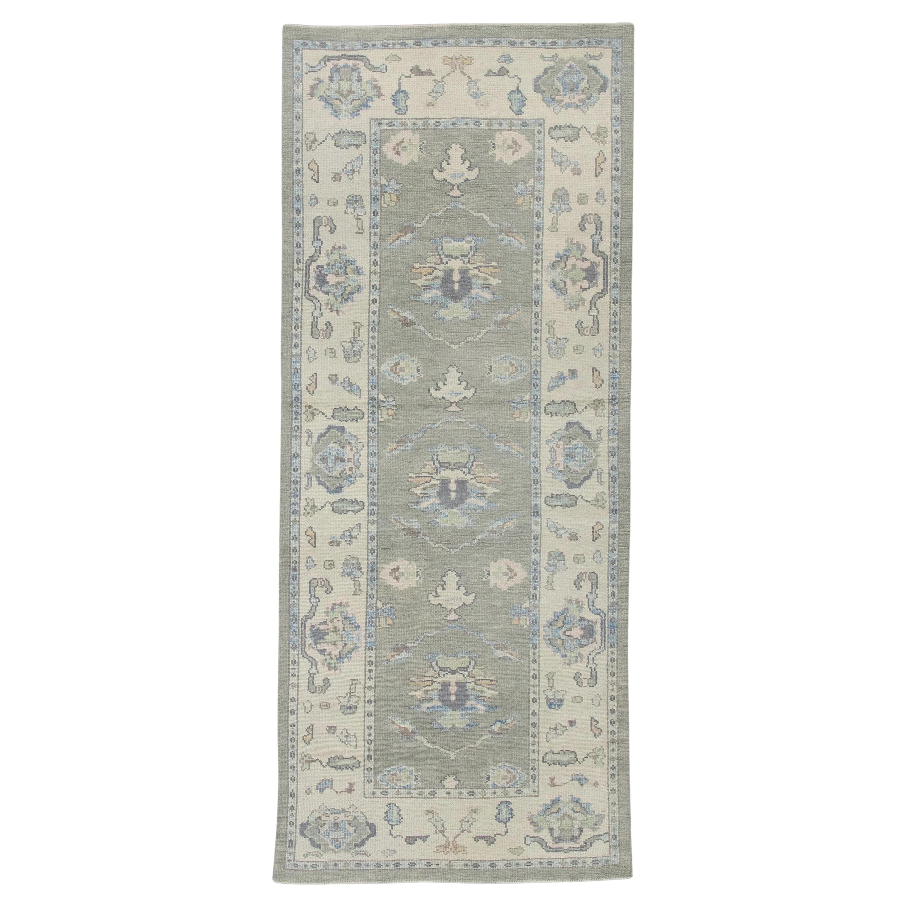 Green Floral Handwoven Wool Turkish Oushak Rug 3'11" x 9'7" For Sale