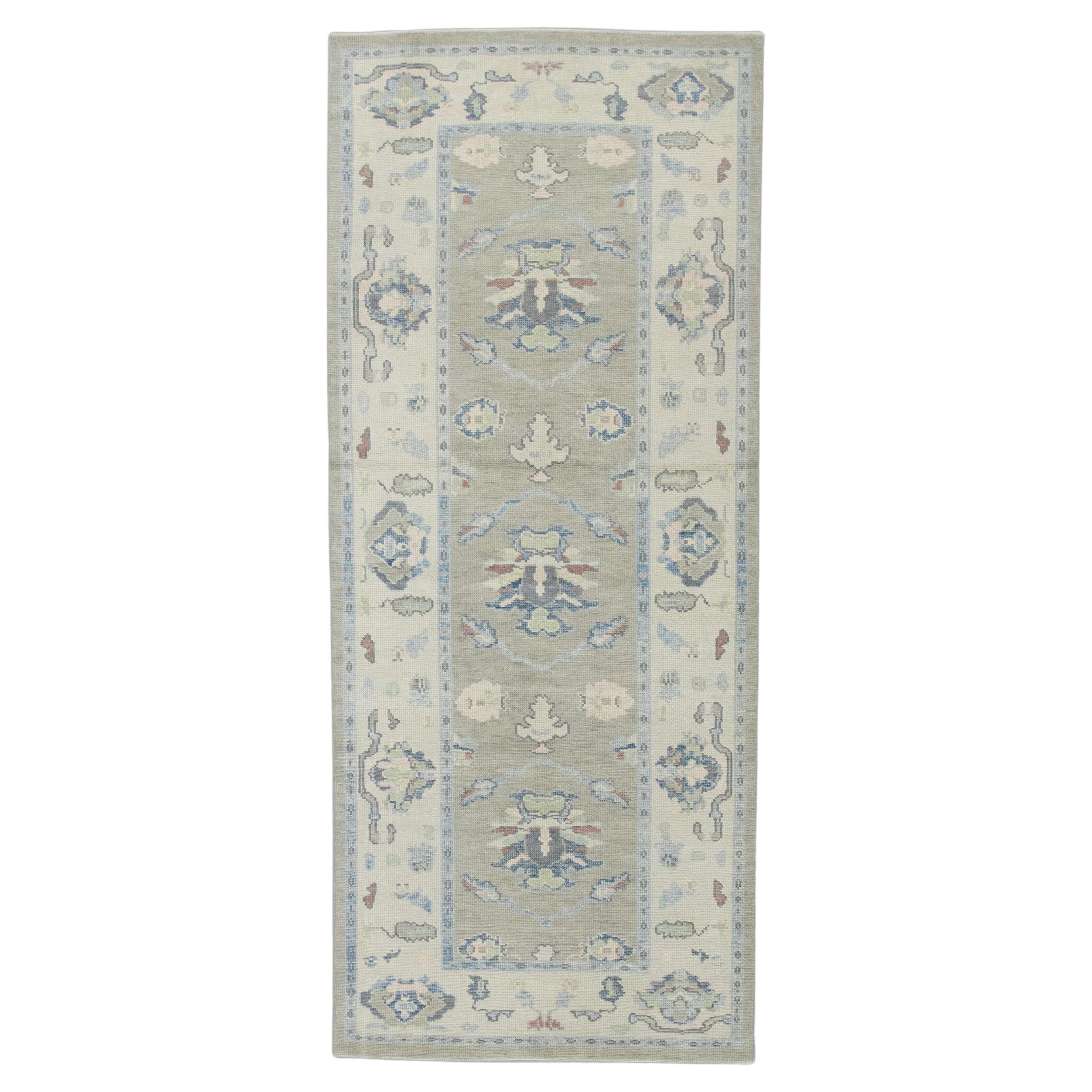 Green and Blue Floral Handwoven Wool Turkish Oushak Rug 4' x 9'10"