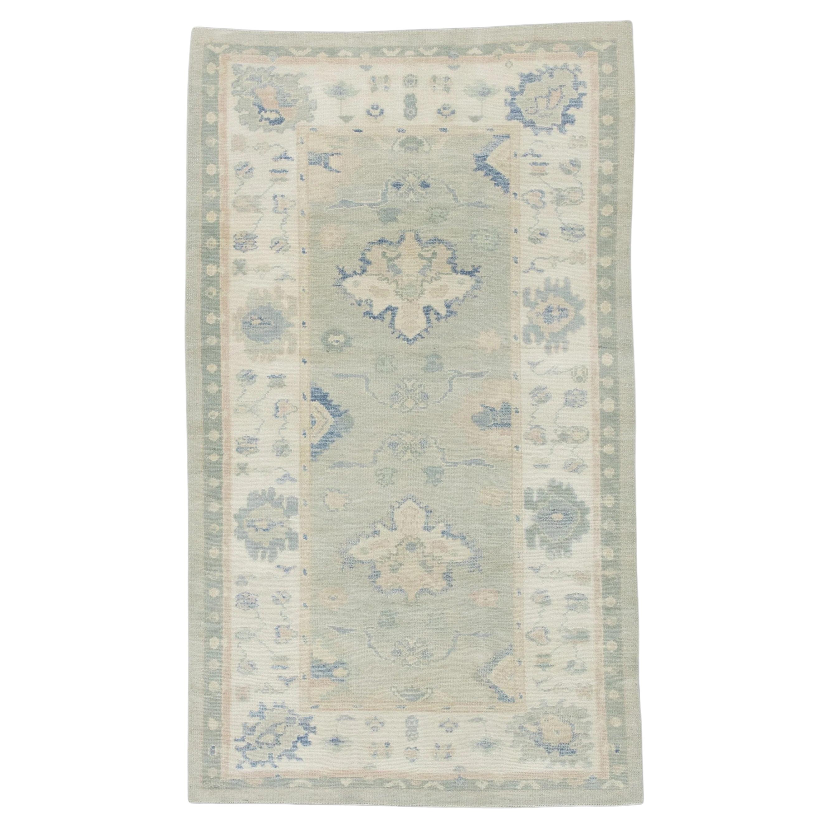 Handwoven Wool Turkish Oushak Rug in Green Floral Pattern 4'10" x 8'5"
