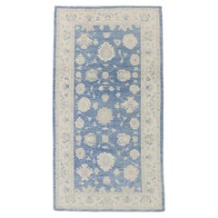 Blue Handwoven Wool Turkish Oushak Rug in Floral Design 5'1" x 9'5"