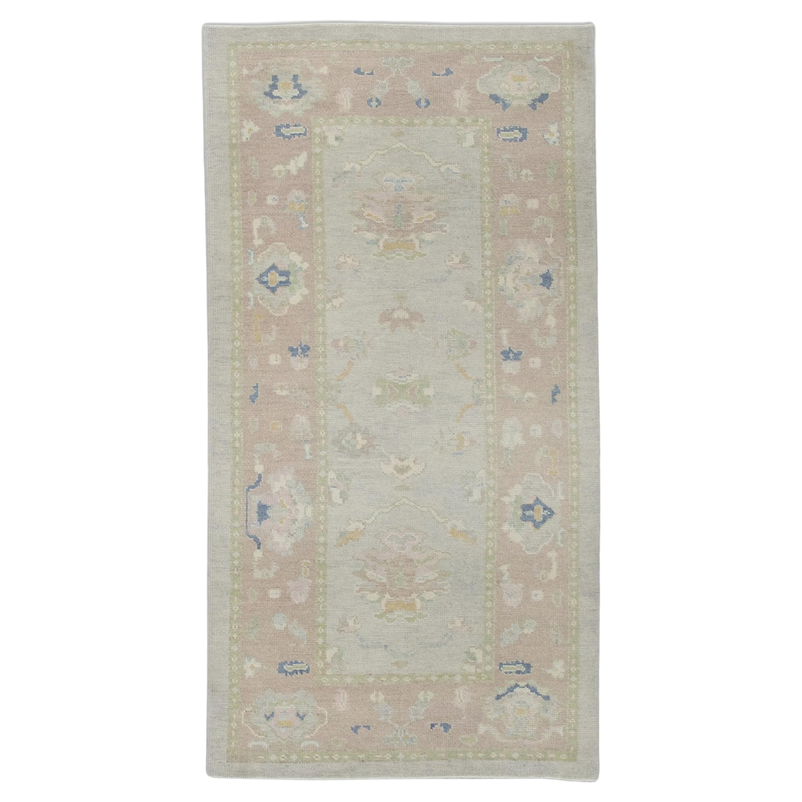 Green & Pink Floral Handwoven Wool Turkish Oushak Rug 4'2" x 8' For Sale