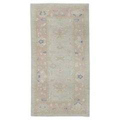 Green & Pink Floral Handwoven Wool Turkish Oushak Rug 4'2" x 8'