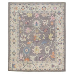 Gray Handwoven Wool Turkish Oushak Rug in Multicolor Floral Pattern 8'8" x 10'3"