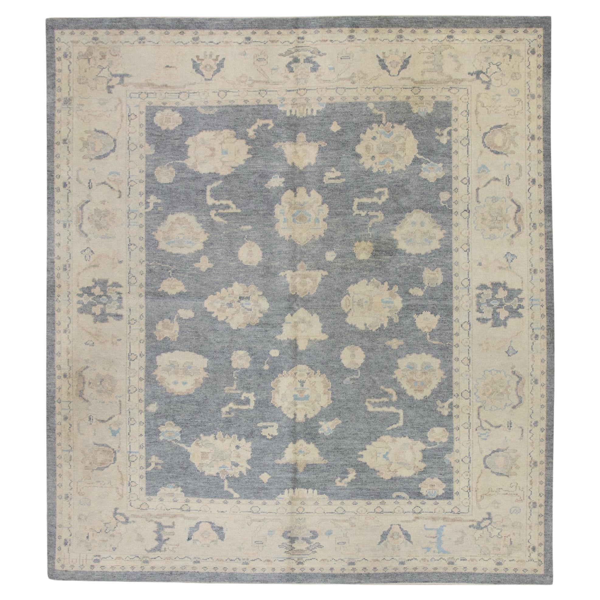Türkischer Oushak-Teppich aus handgewebter Wolle in grauem, farbenfrohem, geblümtem Design 8'3" x 9'2"