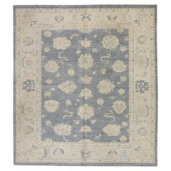 Gray Handwoven Wool Turkish Oushak Rug in Colorful Floral Design 8'3" x 9'2"