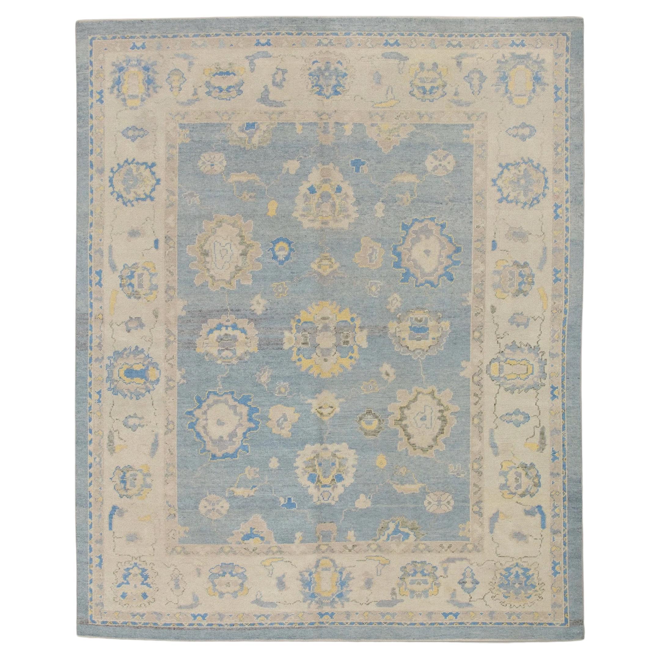 Blue & Yellow Floral Handwoven Wool Turkish Oushak Rug 8' x 9'10" For Sale