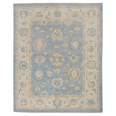 Blue & Yellow Floral Handwoven Wool Turkish Oushak Rug 8' x 9'10"