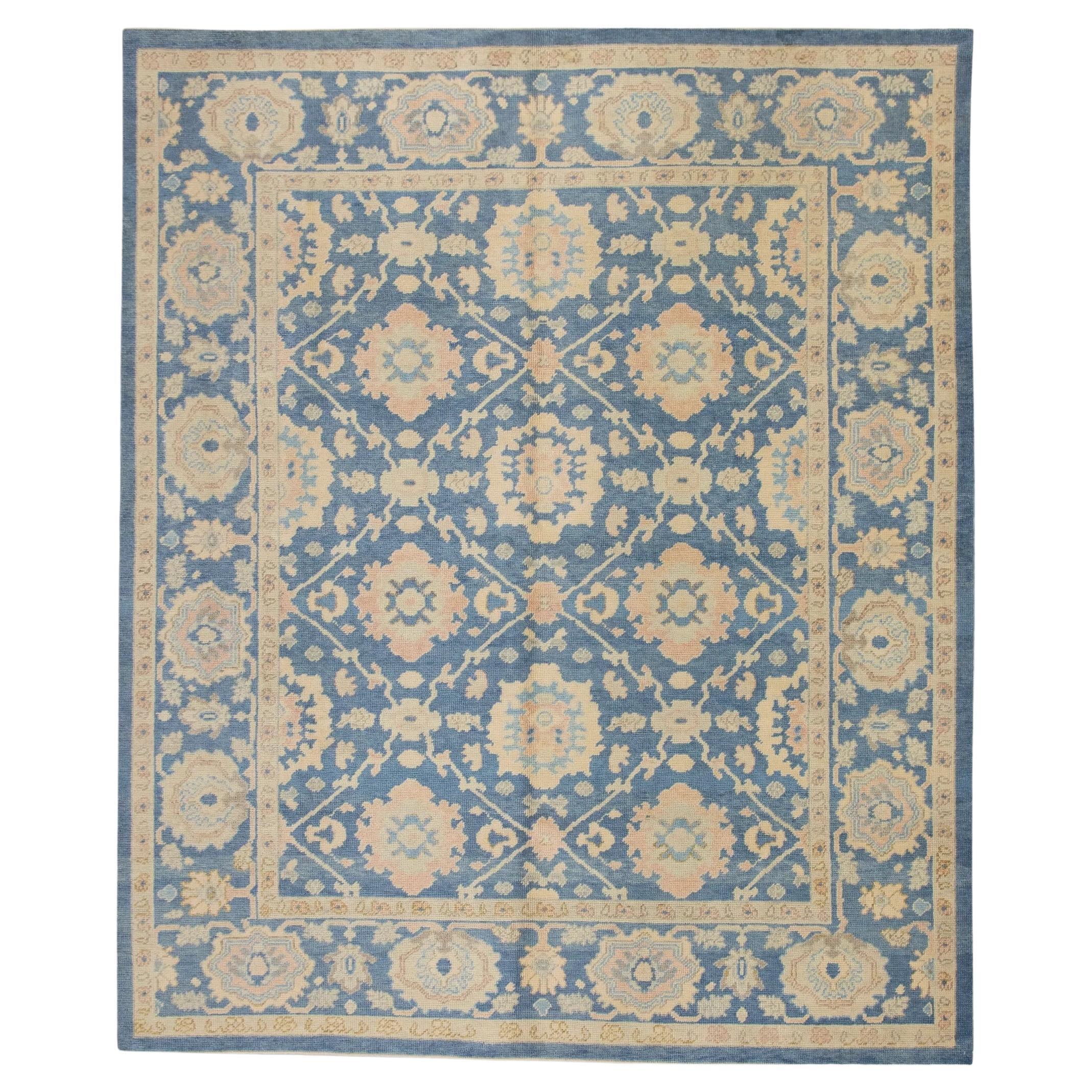 Blue & Pink Handwoven Wool Turkish Oushak Rug in Floral Pattern 8'1" x 10'2" For Sale