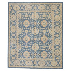 Türkischer Oushak-Teppich aus handgewebter Wolle in Blau & Rosa mit Blumenmuster 8'1" x 10'2"