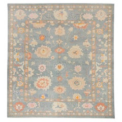 Blue Handwoven Wool Turkish Oushak Rug in Colorful Floral Design 8'2" x 9'7"