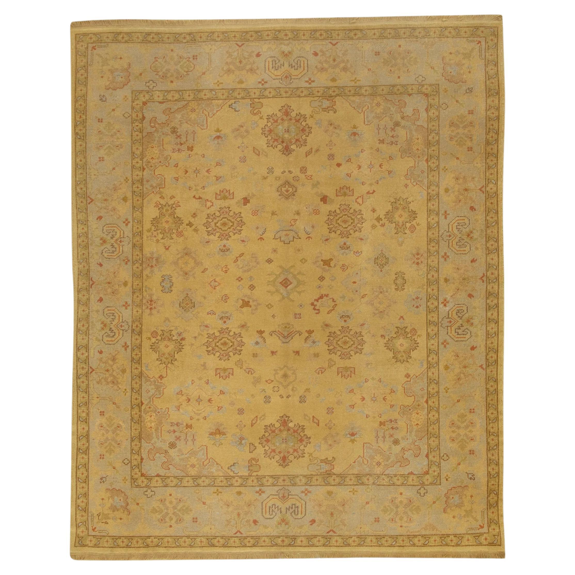 Yellow & Red Floral Design Handwoven Wool Turkish Oushak Rug 8' x 9'6" For Sale