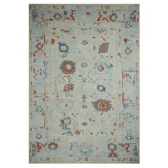 Modern Turkish Oushak Rug in Beige and Blue Mix with Gray and Red Flowers Design