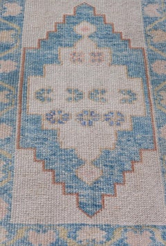 Modern Turkish Oushak Rug in Blue and Beige Geometric Patterns 2'4" X 3'7"