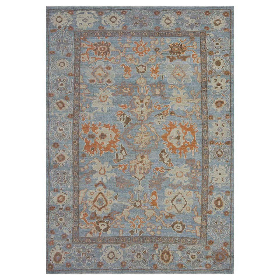 Modern Turkish Oushak Rug in Blue with Rust and Brown Floral Details ...