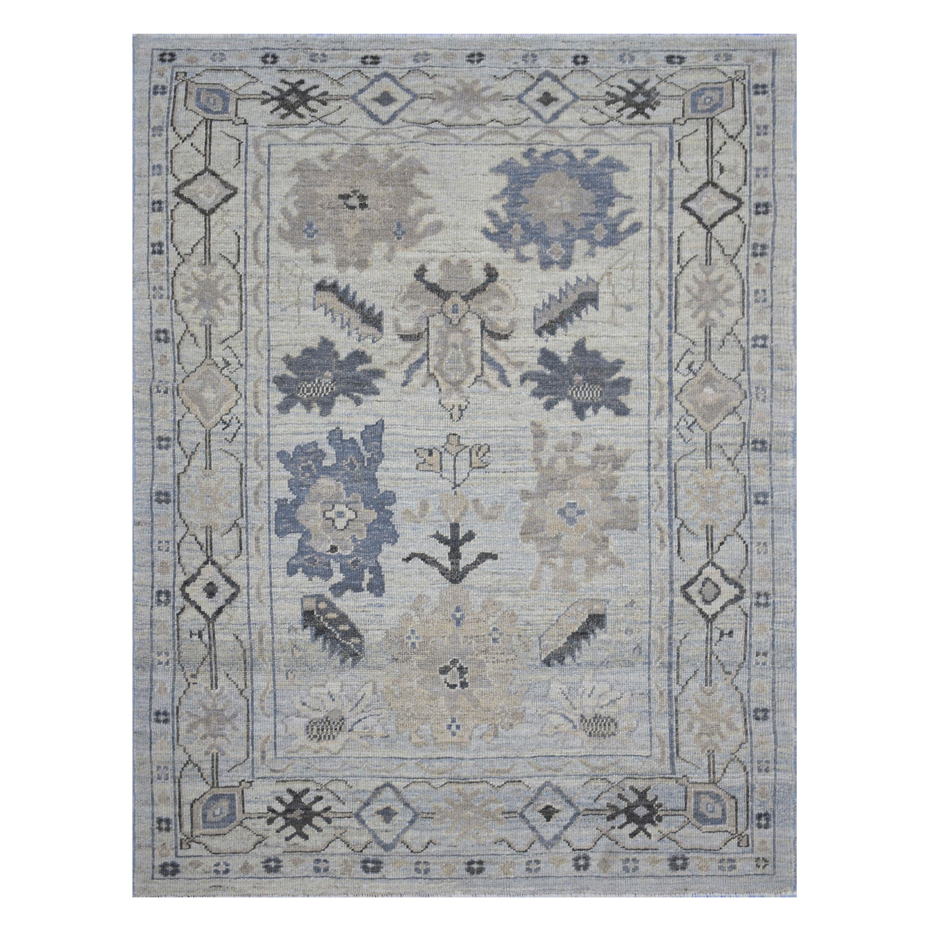 Modern Turkish Oushak Rug in Gray with Navy and Black Floral Details For Sale