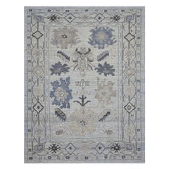 Modern Turkish Oushak Rug in Gray with Navy and Black Floral Details