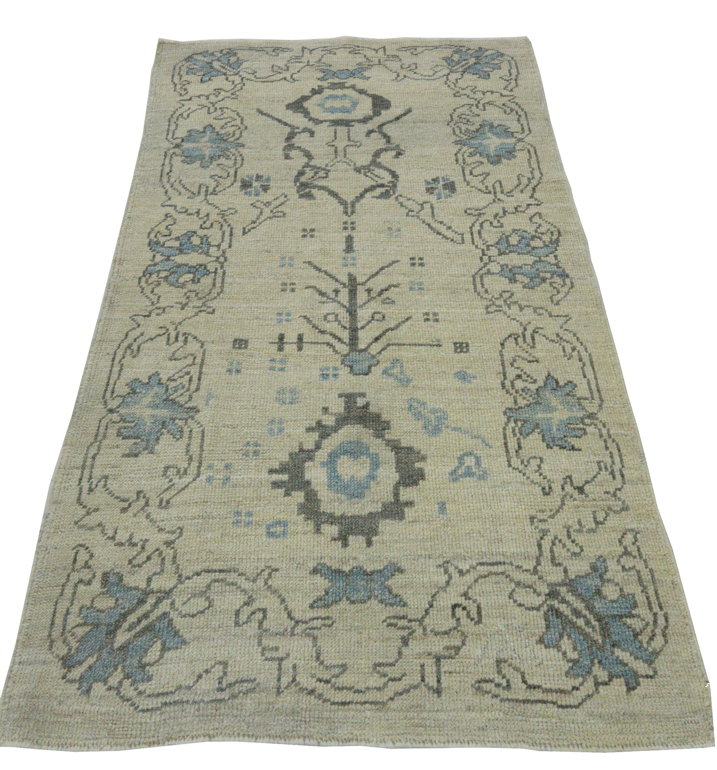 Contemporary Modern Turkish Oushak Rug in Ivory with Blue and Gray Flowers Design For Sale