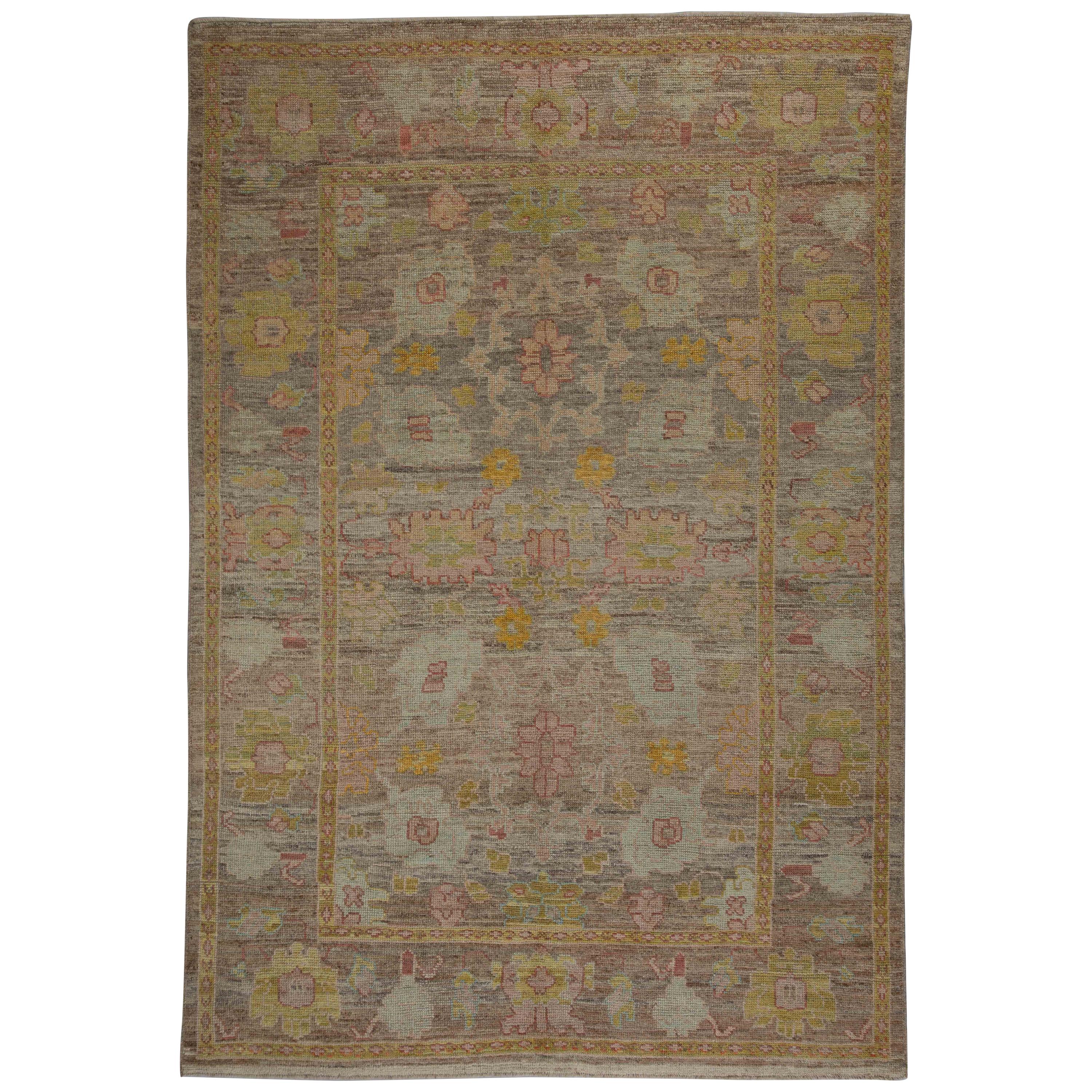 Modern Turkish Oushak Rug with Beige and Gray Field & Floral Design For Sale