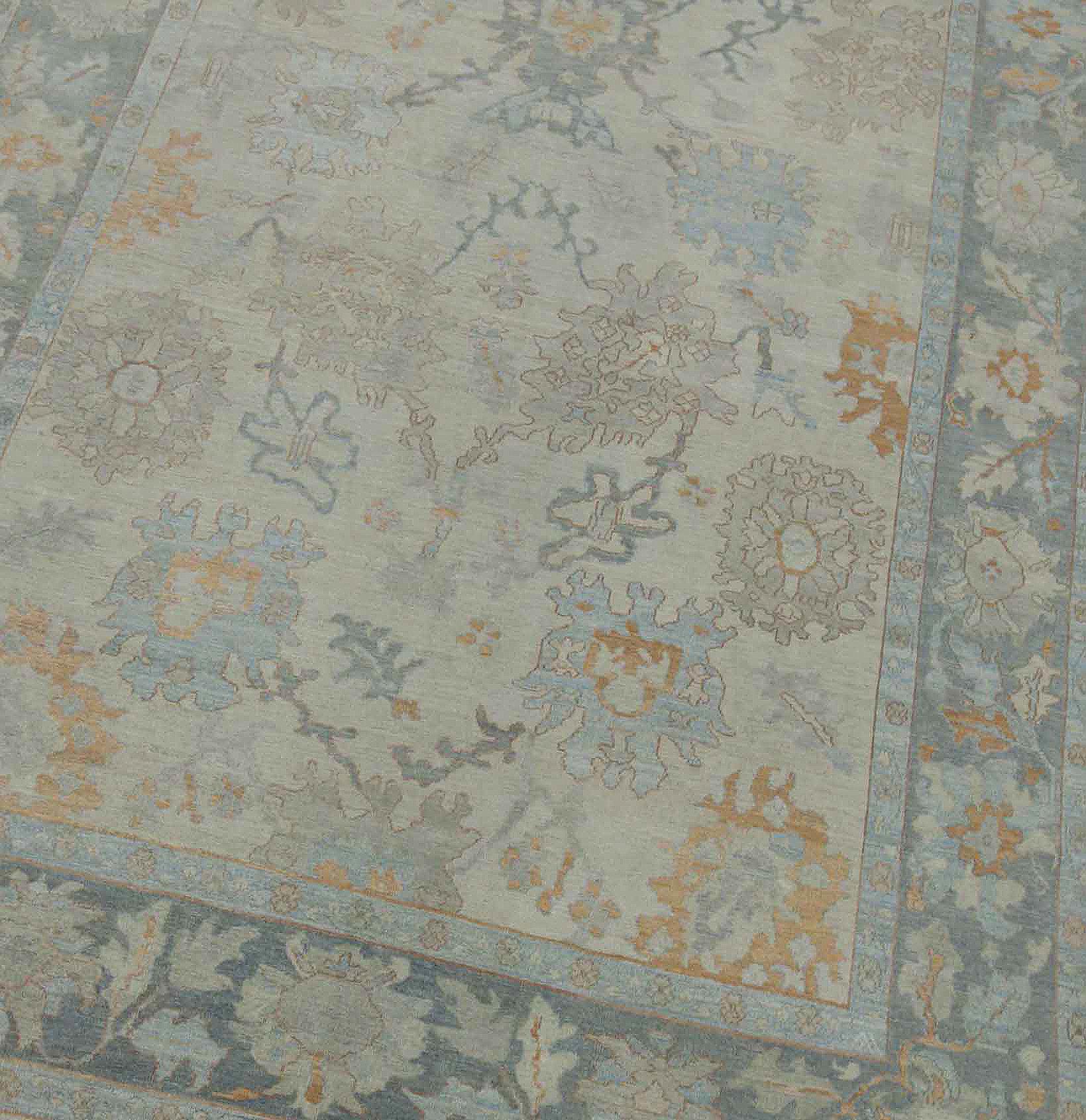 Modern Turkish Oushak Rug with Beige Field and Blue Border with Floral Details In New Condition For Sale In Dallas, TX
