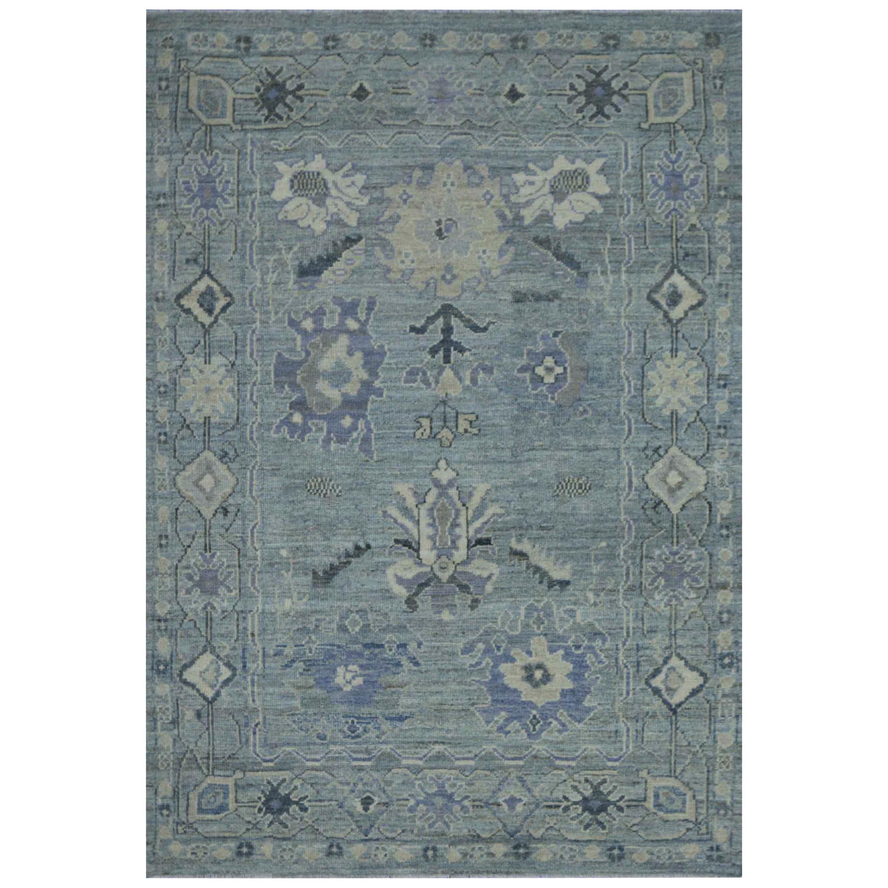 Modern Turkish Oushak Rug with Blue Field and Beige Floral Details
