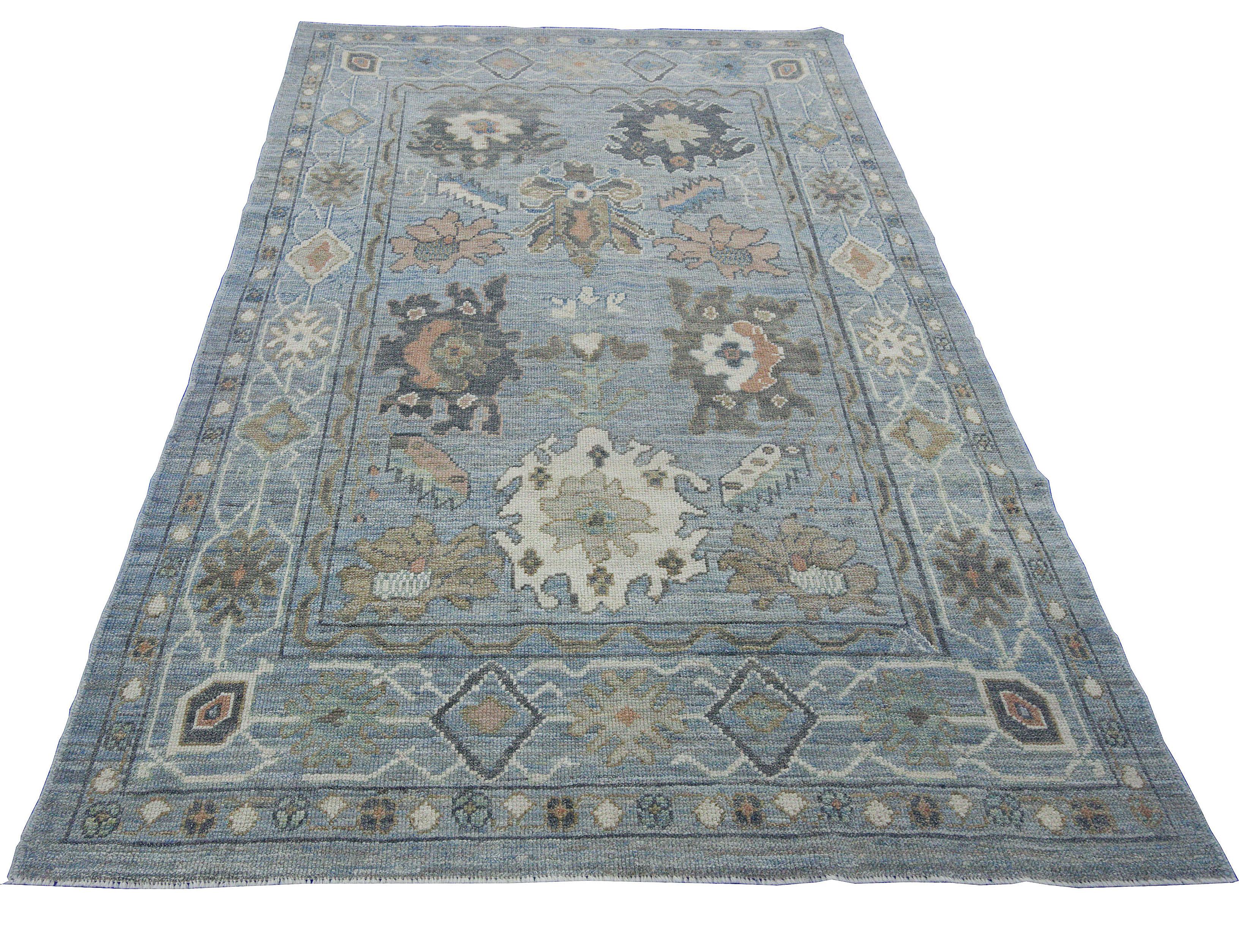 Modern Turkish Oushak Rug with Blue Field and Big Flower Medallions on Center In New Condition For Sale In Dallas, TX