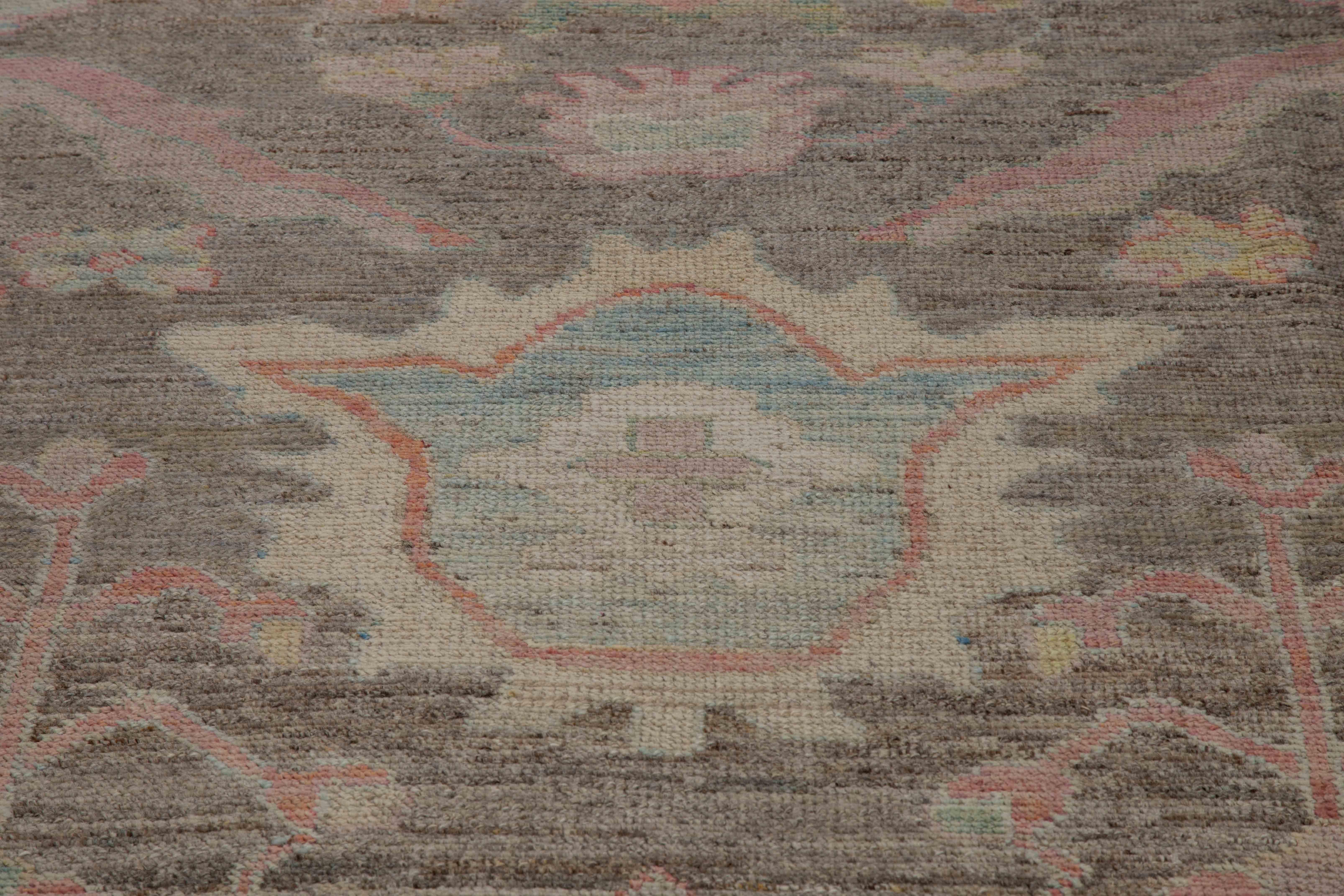 Hand-Woven Modern Turkish Oushak Rug with Brown Field & Pink Flower Heads Design For Sale