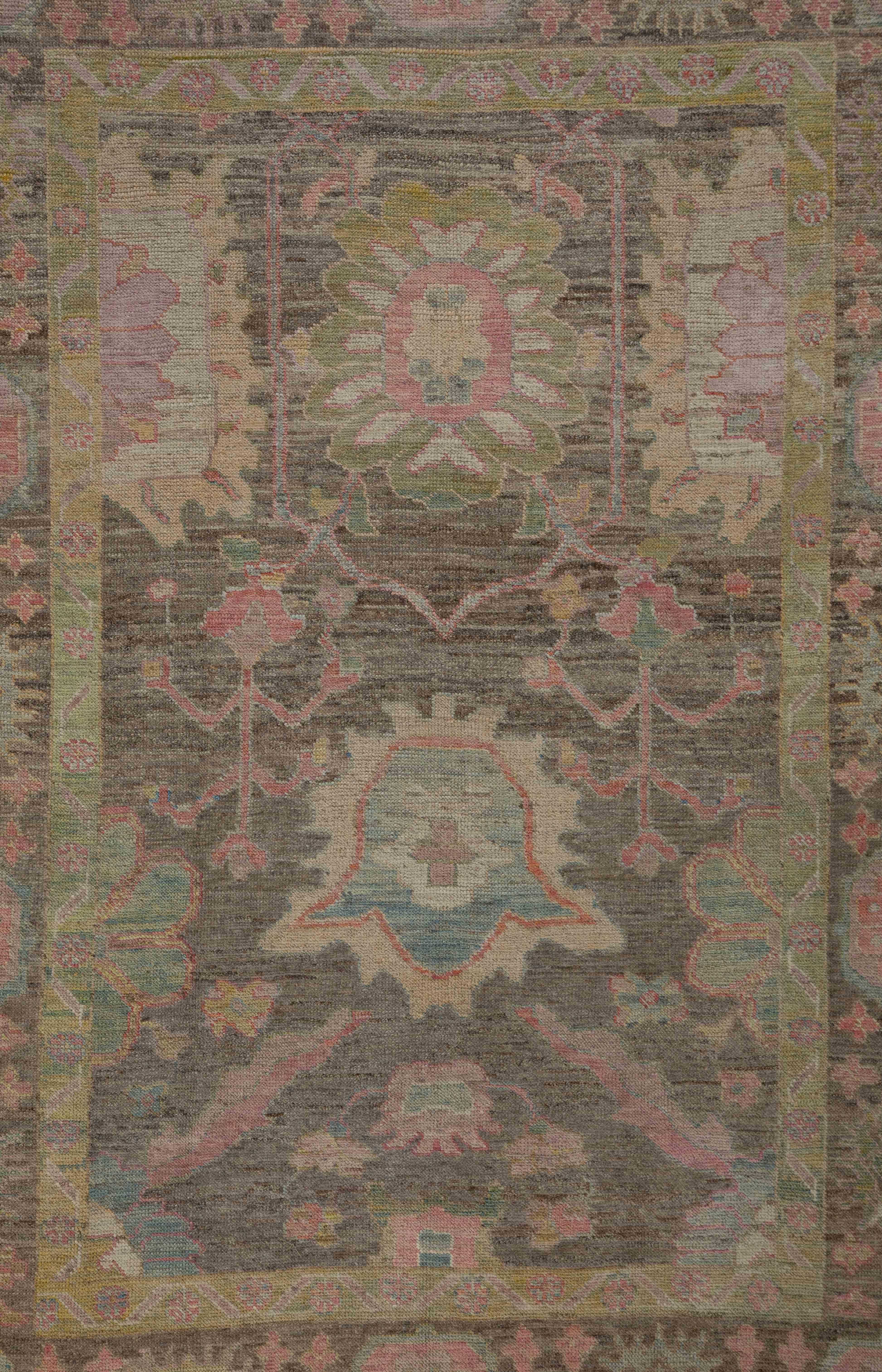 Modern Turkish Oushak Rug with Brown Field & Pink Flower Heads Design In New Condition For Sale In Dallas, TX