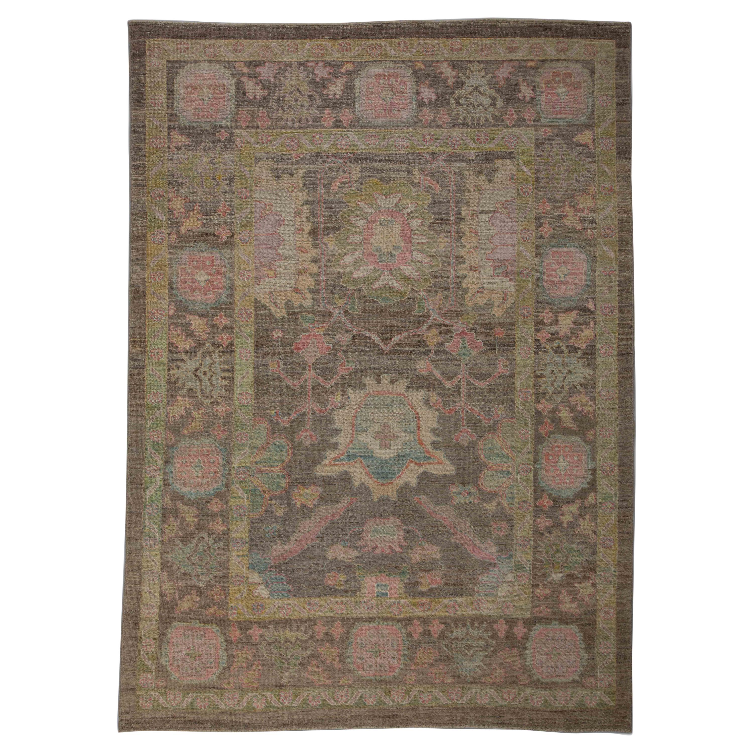 Modern Turkish Oushak Rug with Brown Field & Pink Flower Heads Design For Sale