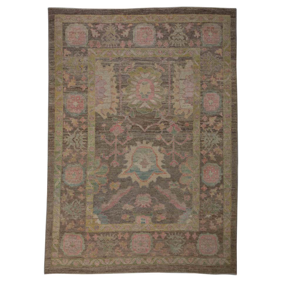 Modern Turkish Oushak Rug with Brown Field and Pink Flower Heads Design ...