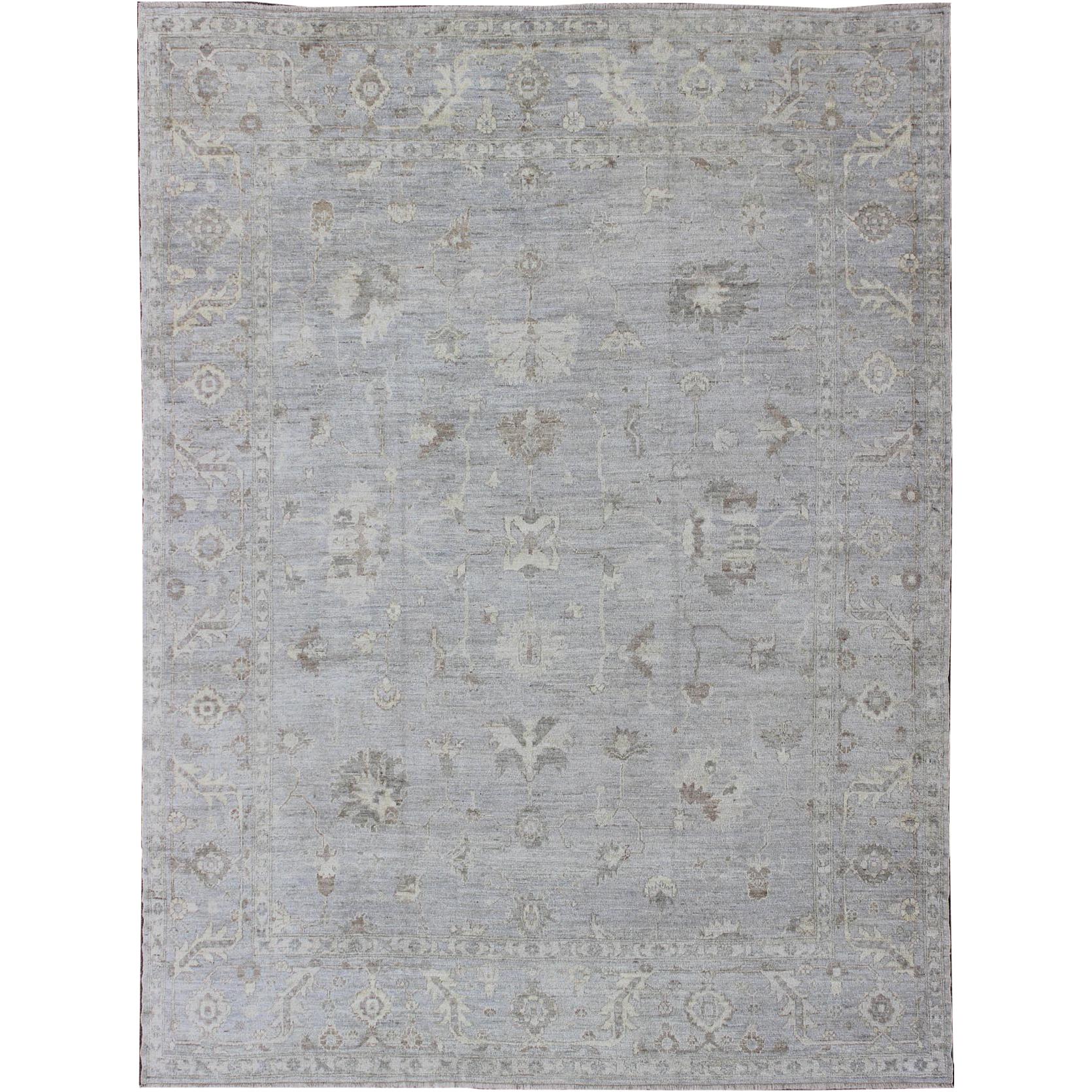 Modern Turkish Oushak Rug with Floral Motifs in Gray, Taupe and Lavender