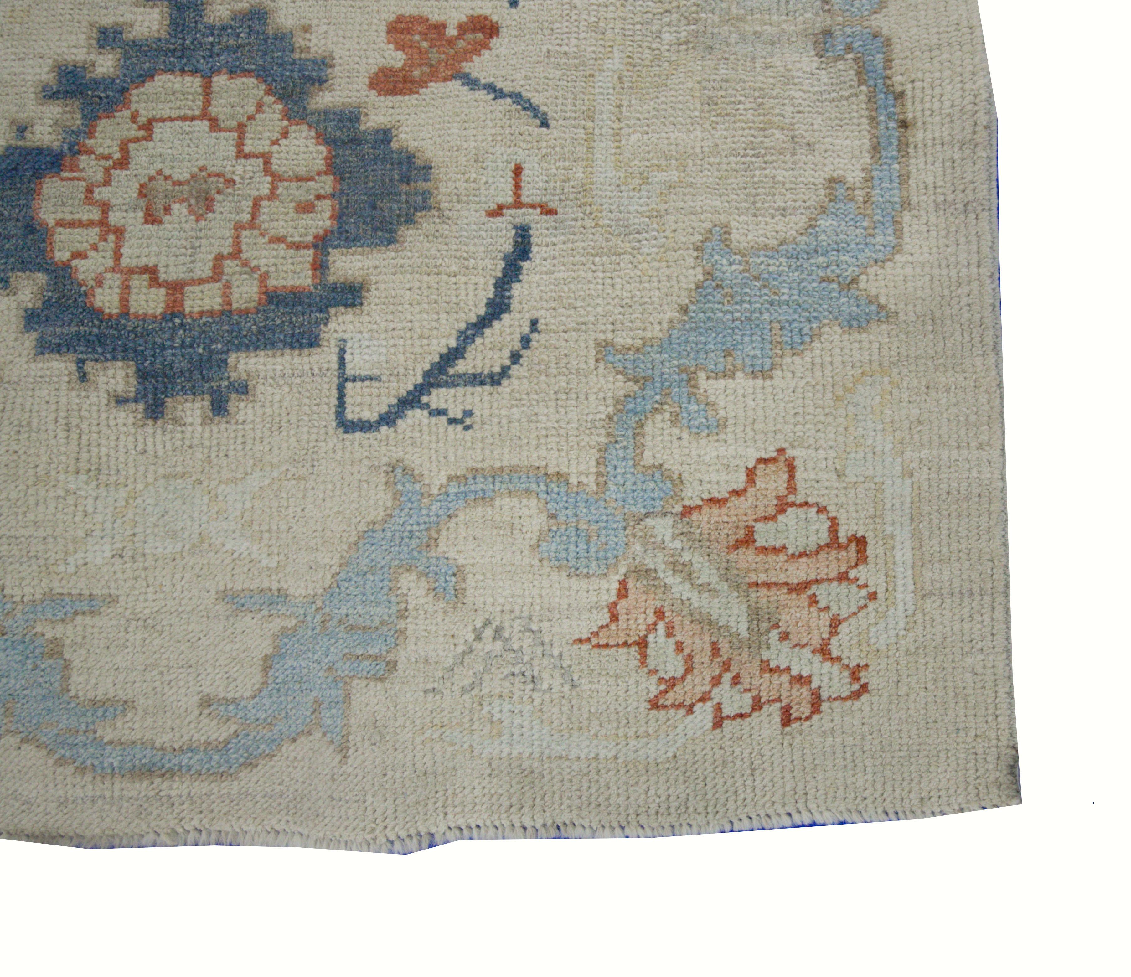 Contemporary Modern Turkish Oushak Rug with Flower Details in Red and Navy on Ivory Field For Sale
