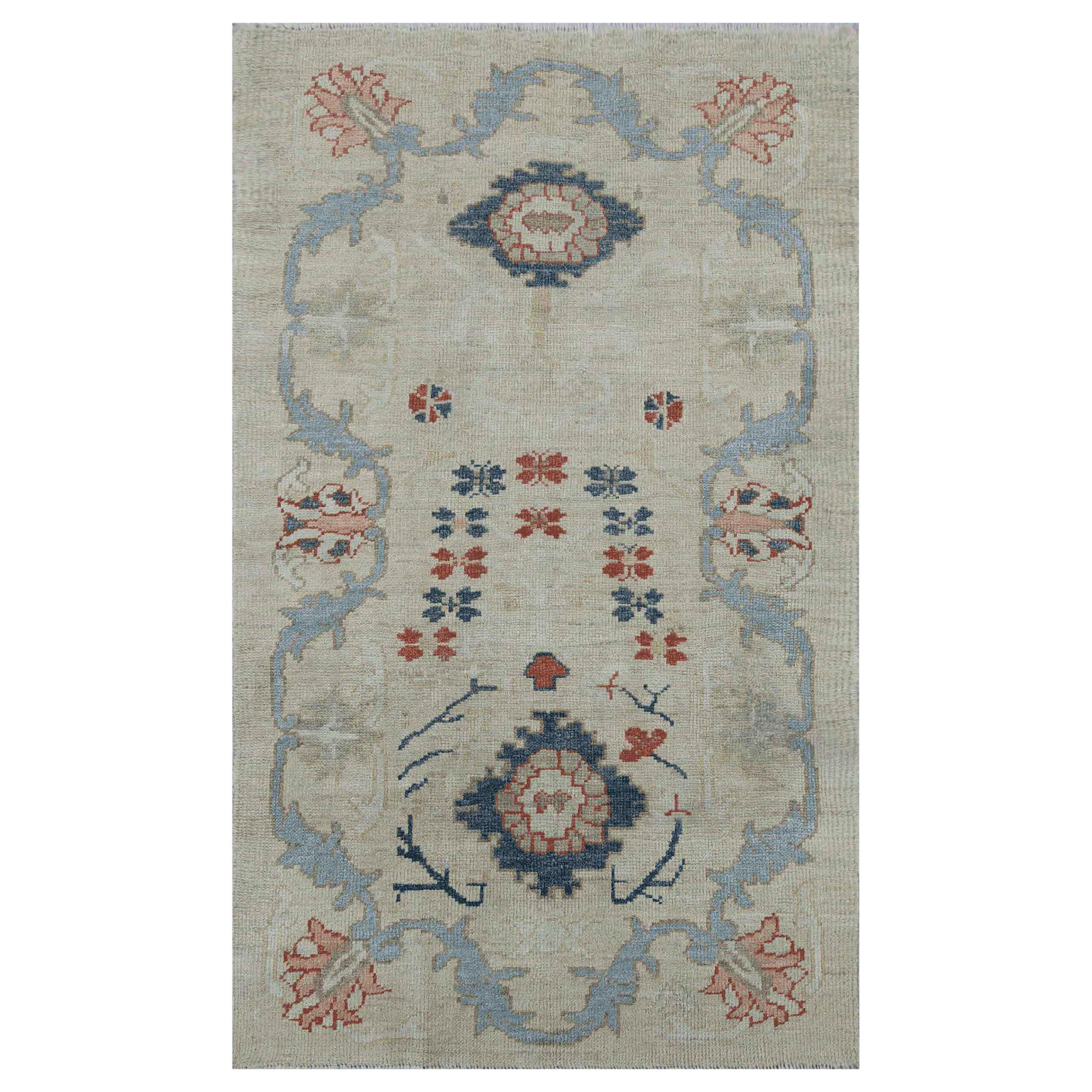 Modern Turkish Oushak Rug with Flower Details in Red and Navy on Ivory Field For Sale