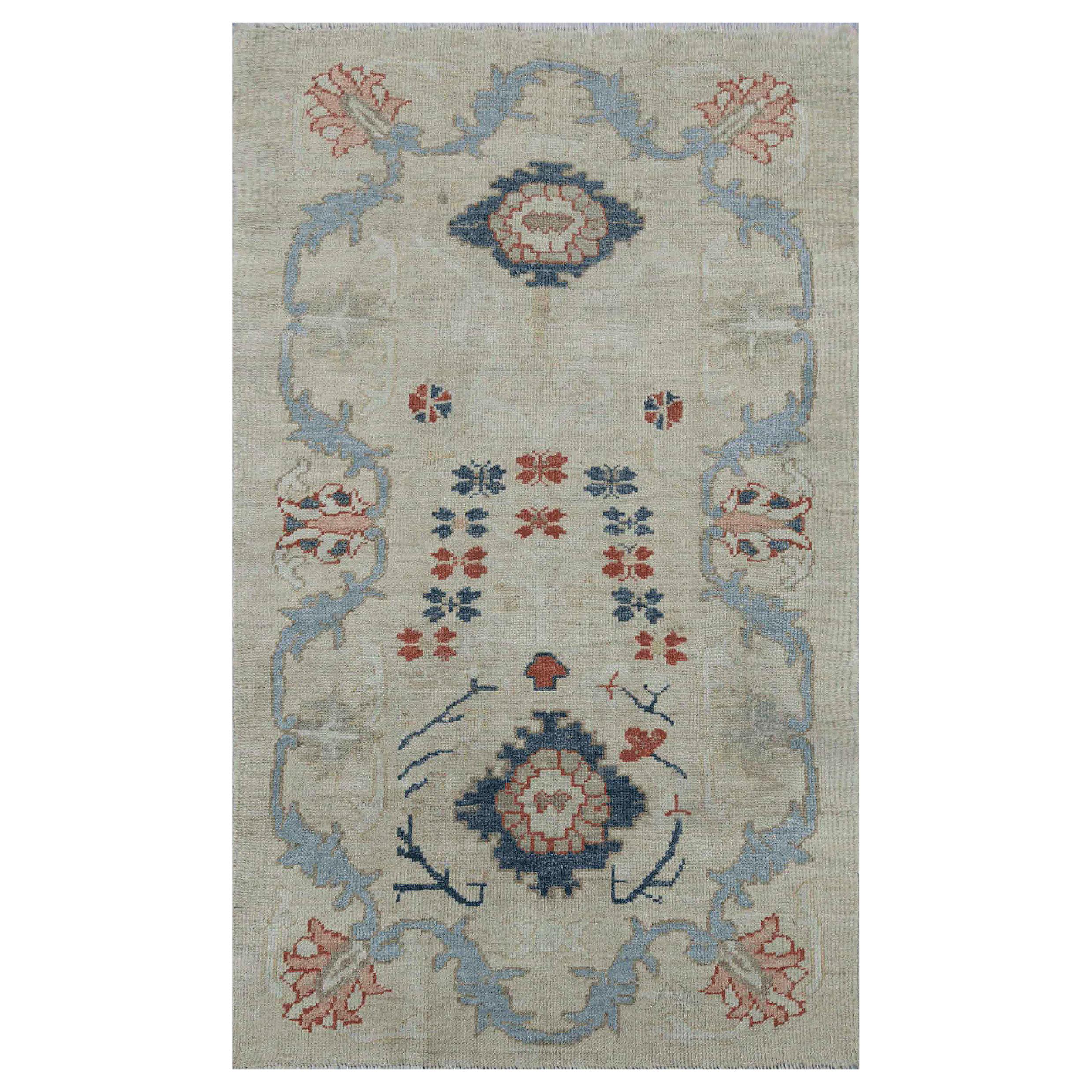 Modern Turkish Oushak Rug with Flower Details in Red and Navy on Ivory Field