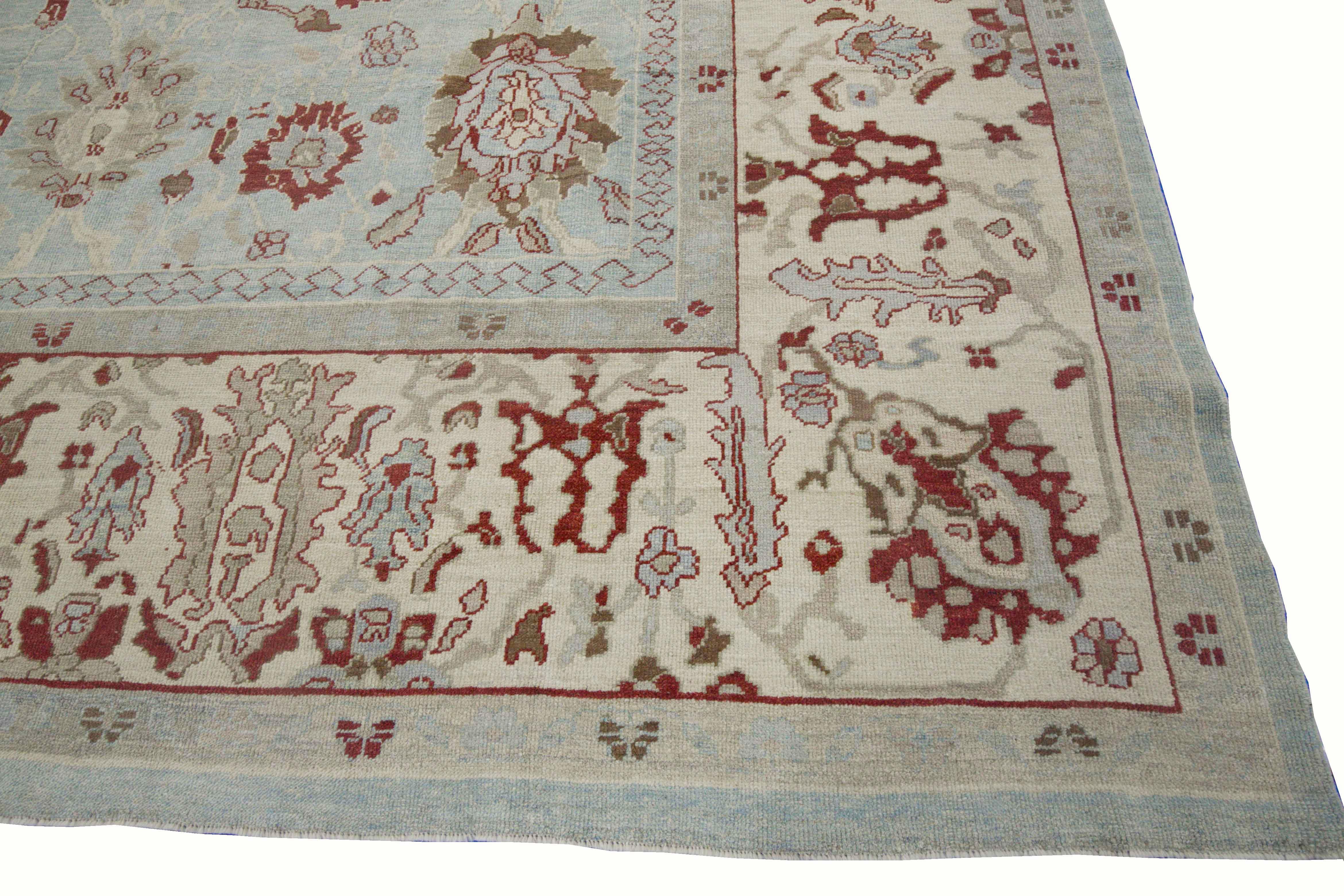 Modern Turkish Oushak Rug with Flower Details in Red on Blue & Ivory Field In New Condition For Sale In Dallas, TX