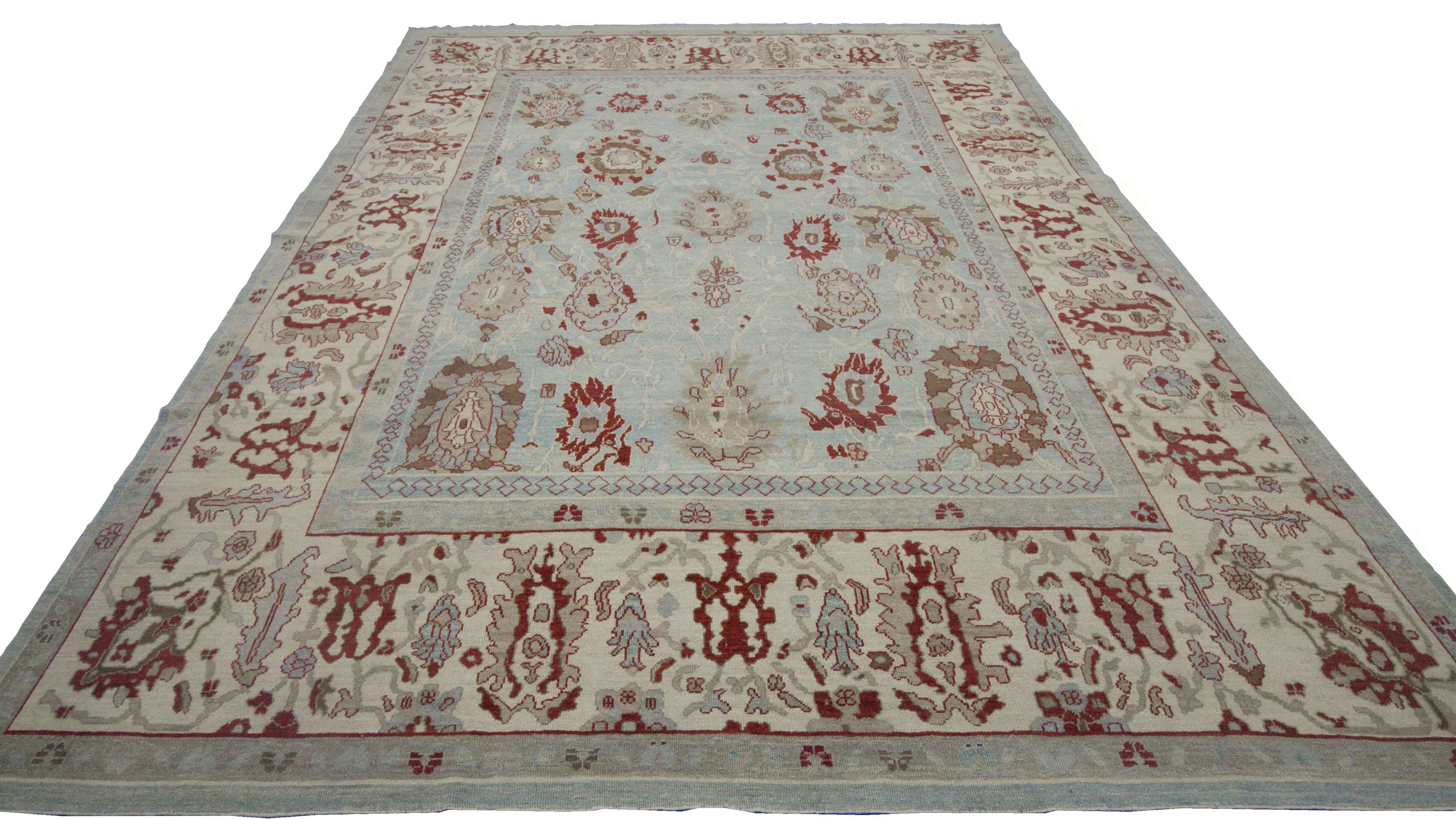 Contemporary Modern Turkish Oushak Rug with Flower Details in Red on Blue & Ivory Field For Sale