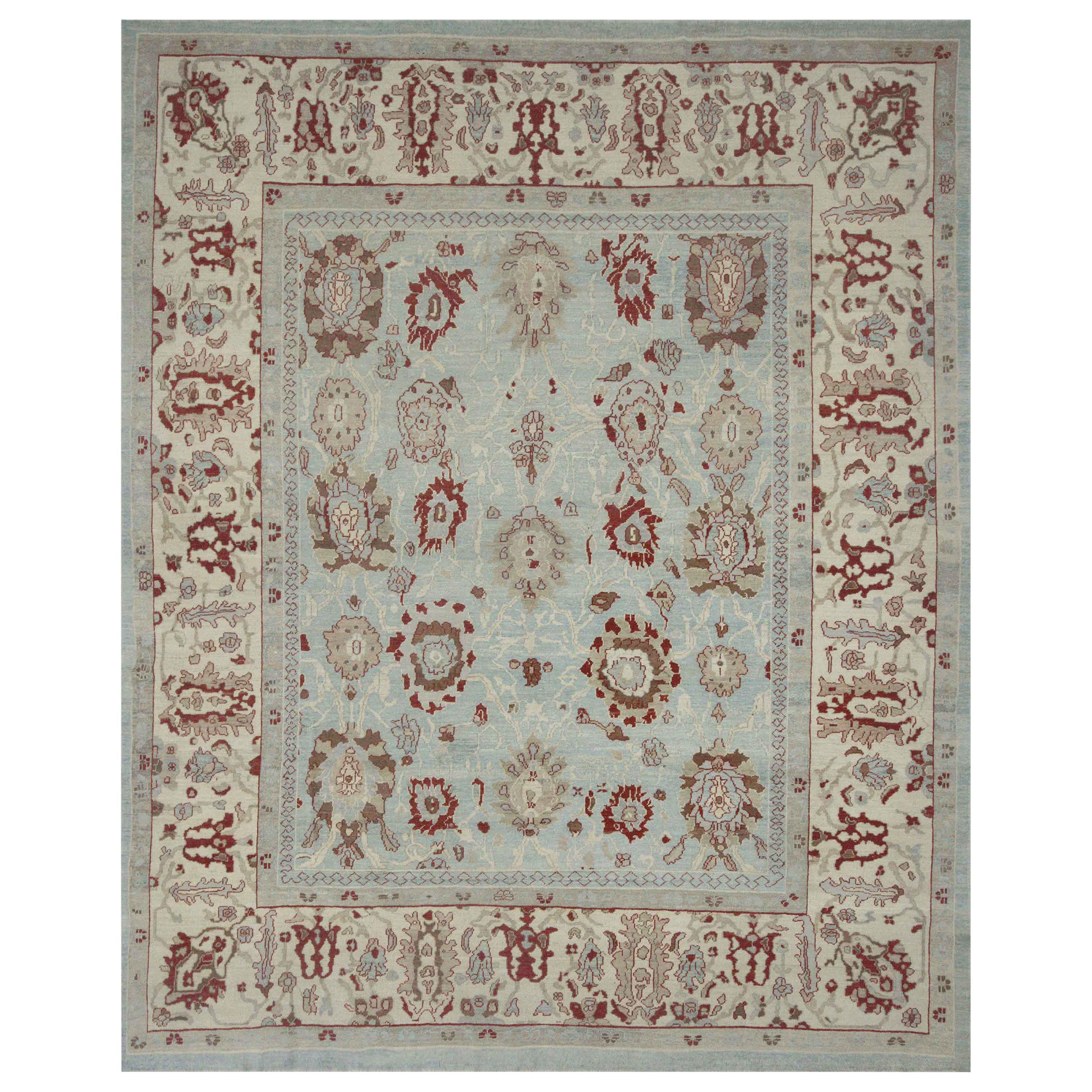 Modern Turkish Oushak Rug with Flower Details in Red on Blue & Ivory Field
