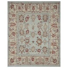 Modern Turkish Oushak Rug with Flower Details in Red on Blue & Ivory Field