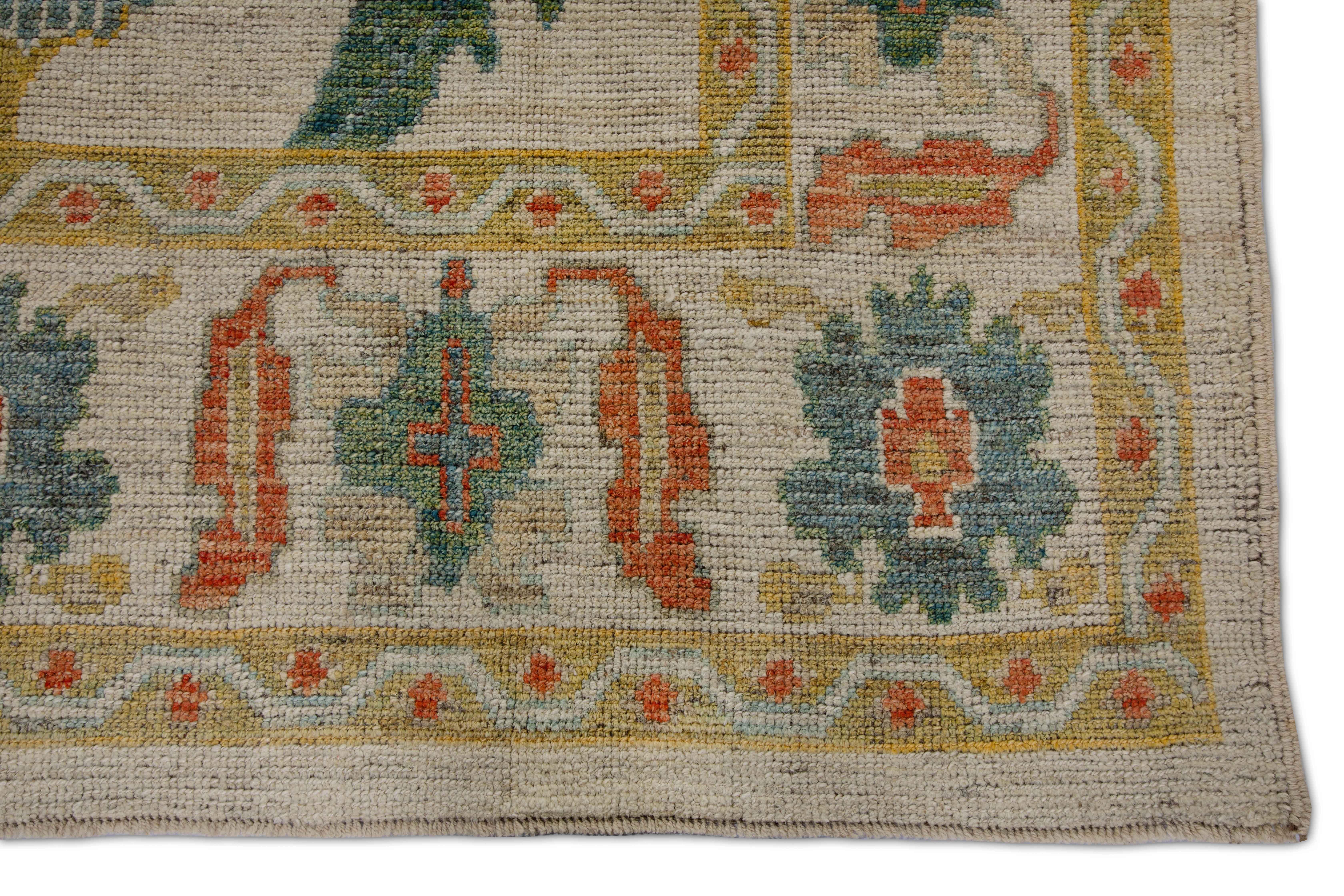 Hand-Woven Modern Turkish Oushak Rug with Green and Rust Flower Patterns on Beige Field For Sale