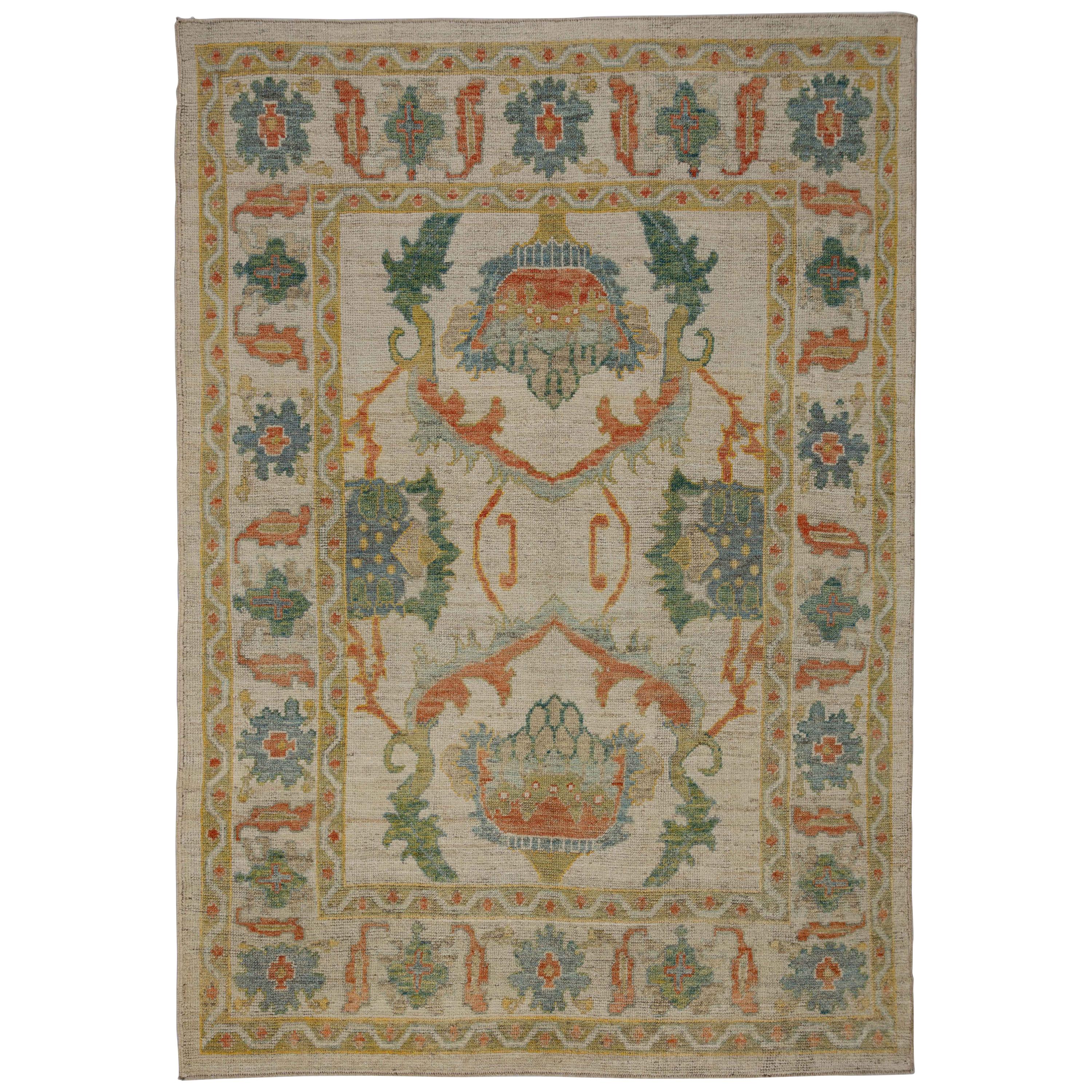 Modern Turkish Oushak Rug with Green and Rust Flower Patterns on Beige Field For Sale