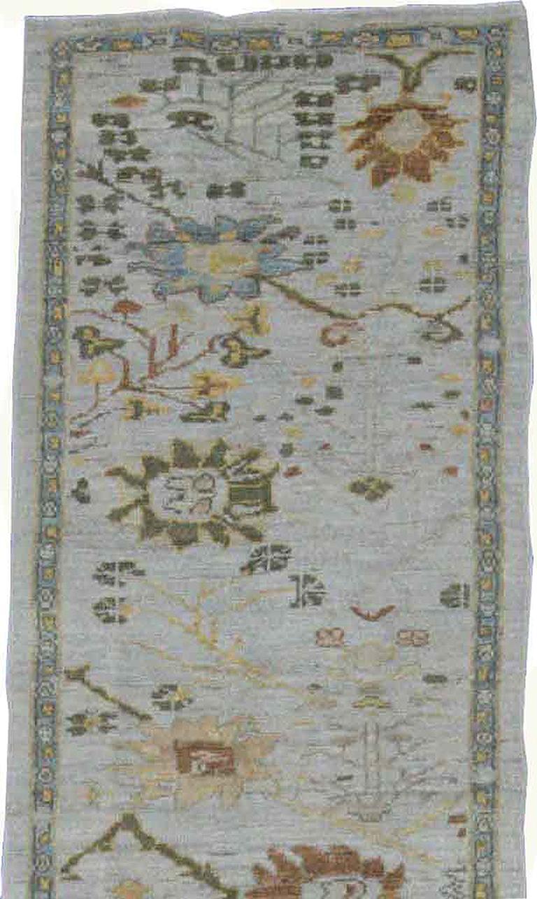Modern Turkish Oushak Rug with Ivory Field and Brown Floral Details In New Condition For Sale In Dallas, TX