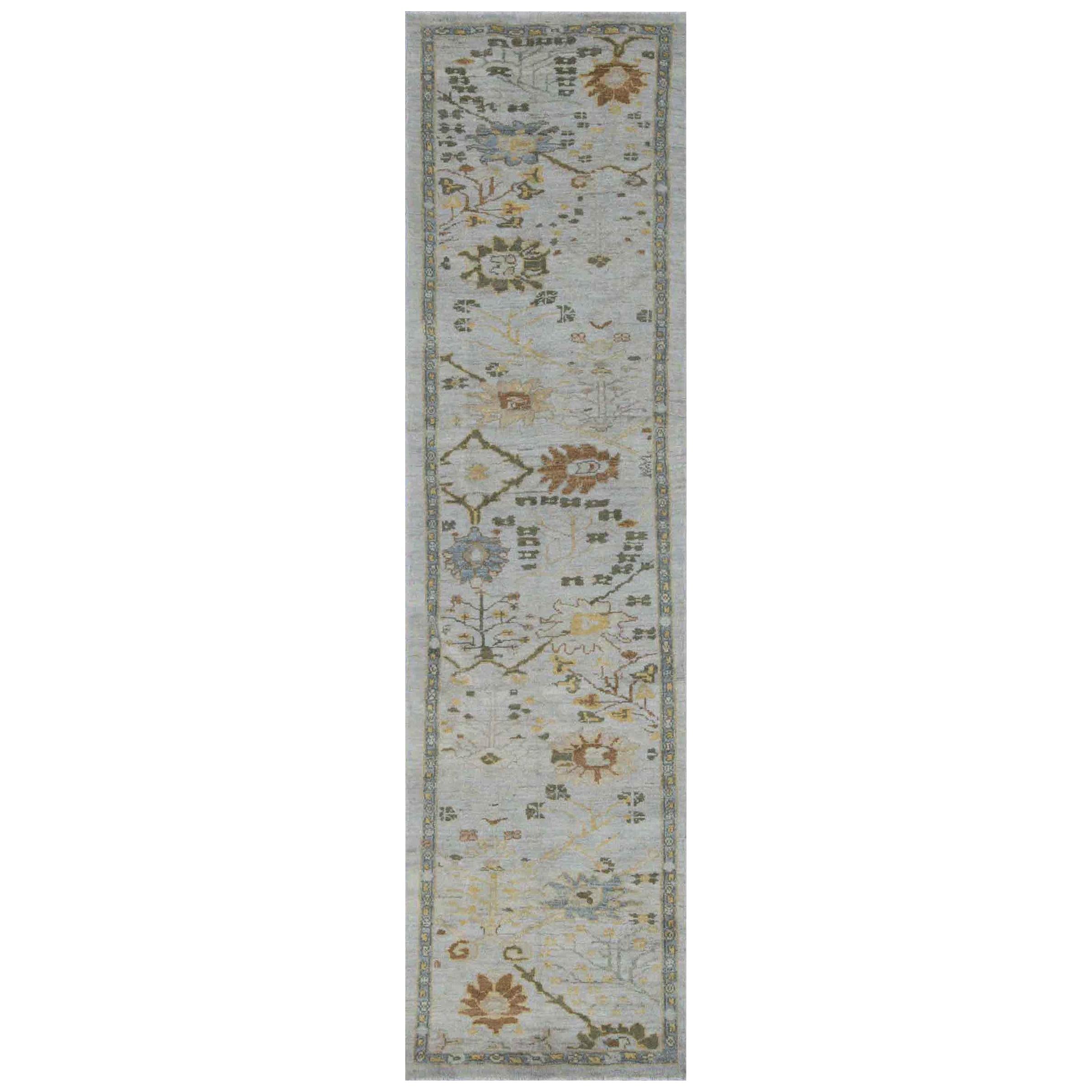 Modern Turkish Oushak Rug with Ivory Field and Brown Floral Details