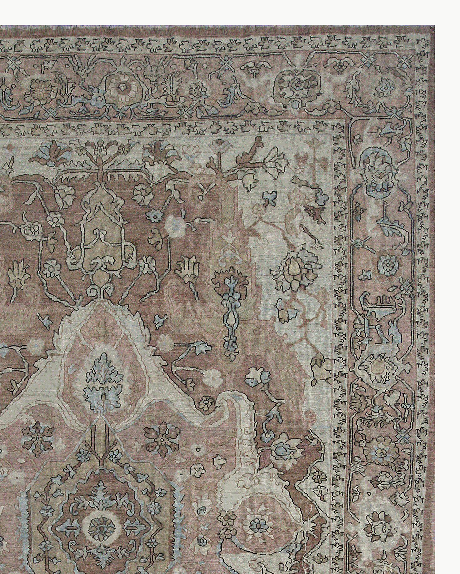 Moderner moderner türkischer Oushak-Teppich mit großem elfenbeinfarbenem und braunem Blumenmedaillon-Detail im Zustand „Hervorragend“ im Angebot in Dallas, TX